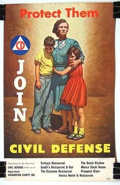 This may contain: an advertisement for john civil defense shows two children hugging each other and the caption reads, protect them