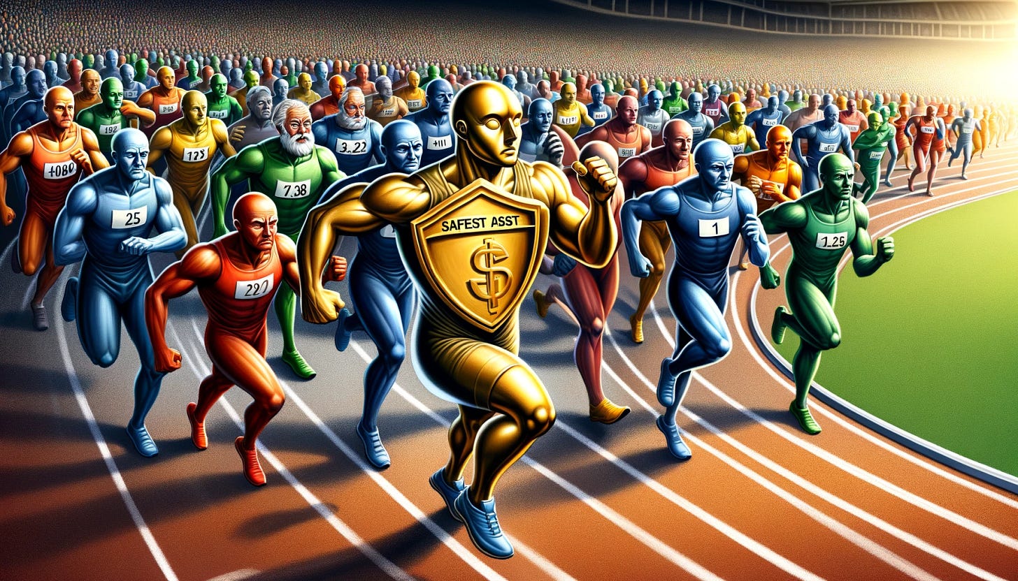 Imagine an allegorical scene where investment stocks and the safest asset are personified as runners in a race. Half of the stocks, depicted as diverse, colorful characters with varying degrees of wear and tear, lag behind a single, robust runner representing the safest asset, like a treasury bond or a savings account. This runner is designed with a protective shield motif, symbolizing safety and reliability. They are all running on a track that curves into the distance, with a crowd of smaller financial symbols cheering from the sidelines. The stocks show expressions of struggle and exhaustion, while the safest asset runner looks determined and steady, leading the race with confidence.