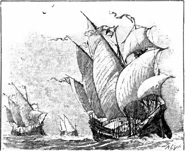 drawing of Columbus' three ships