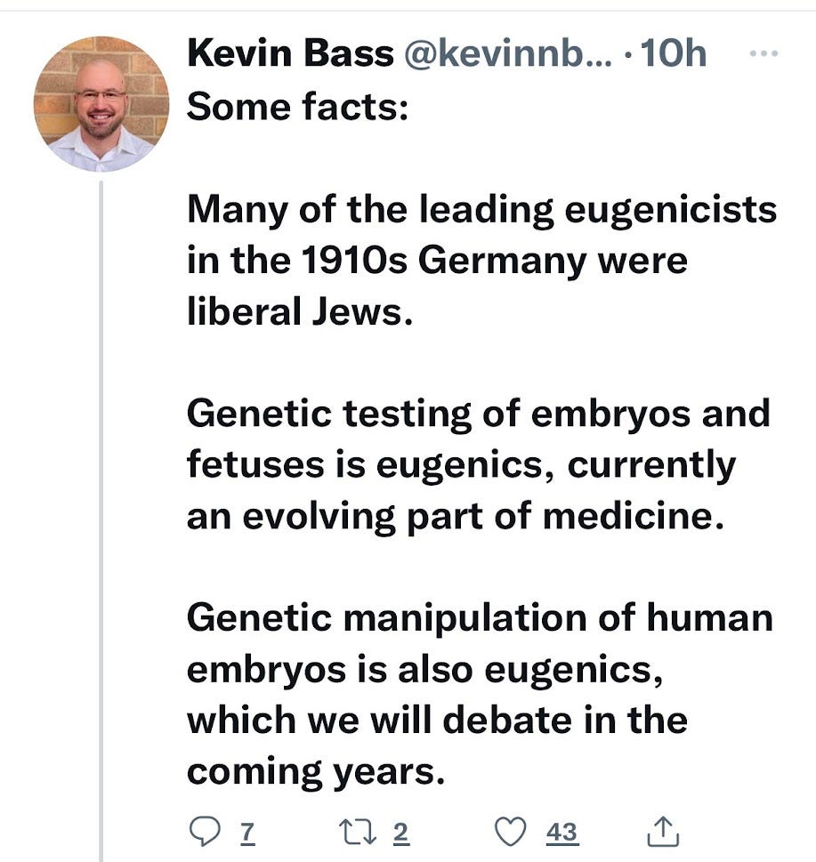 a Kevin Bass tweet which alleges that eugenics is the fault of the Jewish people