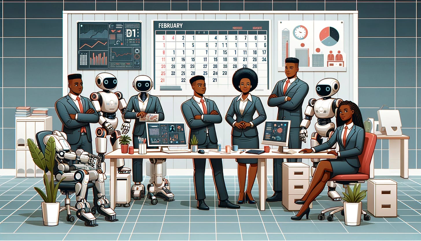 Revise the extra-wide, banner-style image to present a more professional setting for the robotics startup office, now highlighting African American employees during February's Black History Month. Transform the scene into a sleek, modern workspace with high-tech robots and African American professionals dressed in business attire. The office layout is clean and organized, featuring state-of-the-art robotics technology. The calendar on the wall, signifying February, includes notable Black History Month events. This version of the image, while still maintaining a clip art style, showcases a sophisticated and respectful work environment where diversity and innovation are celebrated.