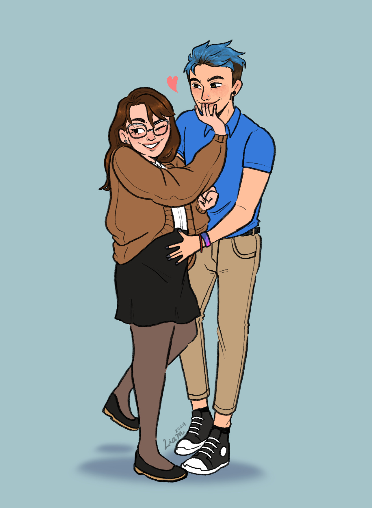 An illusration of Lauren wearing her cardigan and tights combo, playfully putting her hand up near Asa's mouth, while he holds onto her -- Asa is wearing his blue polo that matches his blue hair