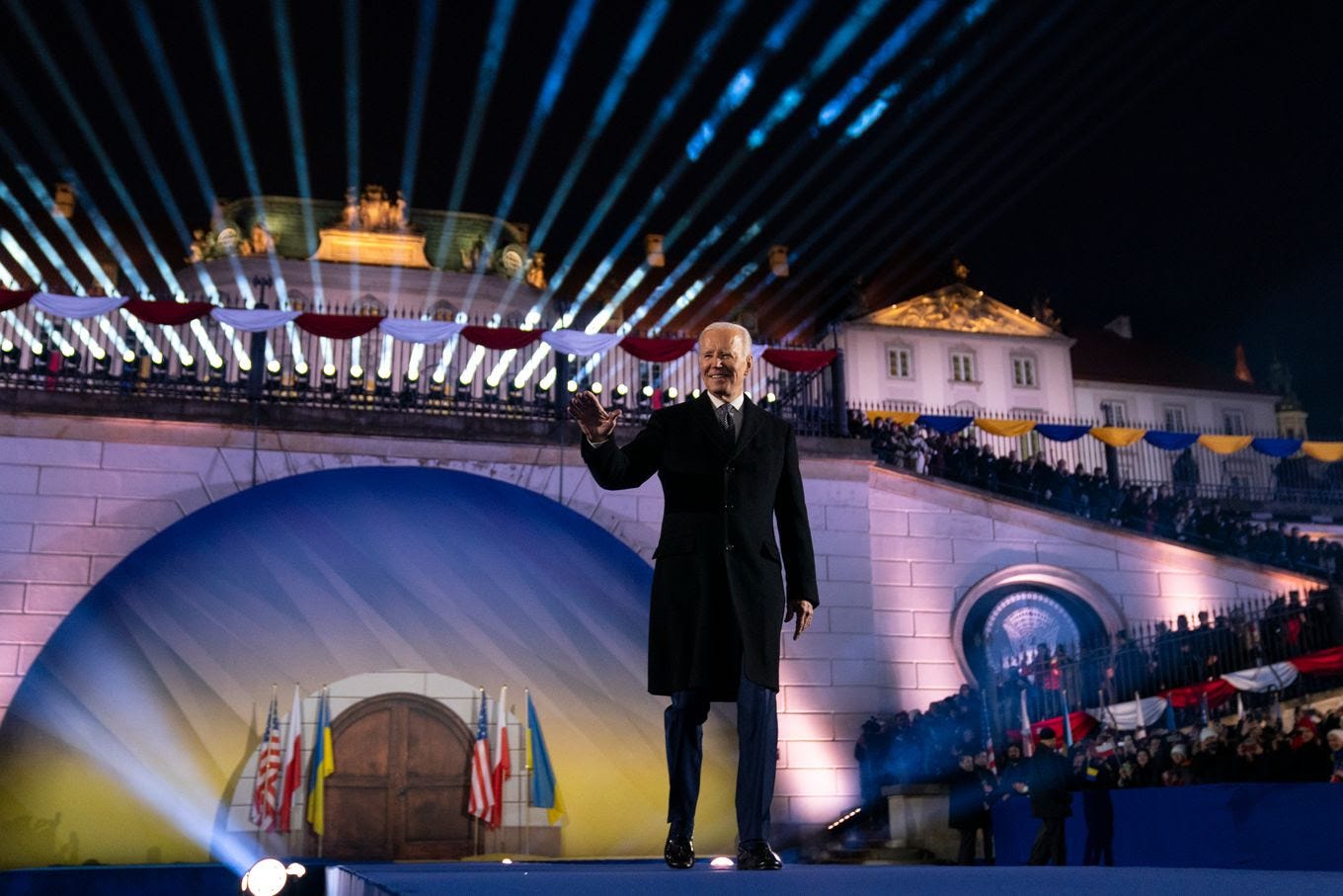 President Biden arrives to deliver a speech marking the first anniversary of the Russian invasion of Ukraine, on Feb. 21, in Warsaw. (Evan Vucci/AP)