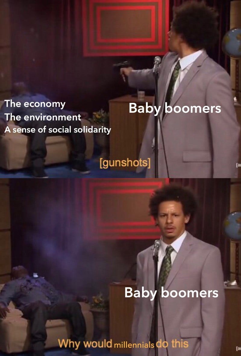 Top panel: Man labeled "Baby Boomers" shoots man in the background. He is labeled "The economy, the environment, a sense of social solidarity". Bottom panel: The shooter looks at the camera with a confused expression. He says "Why would millennials do this?"