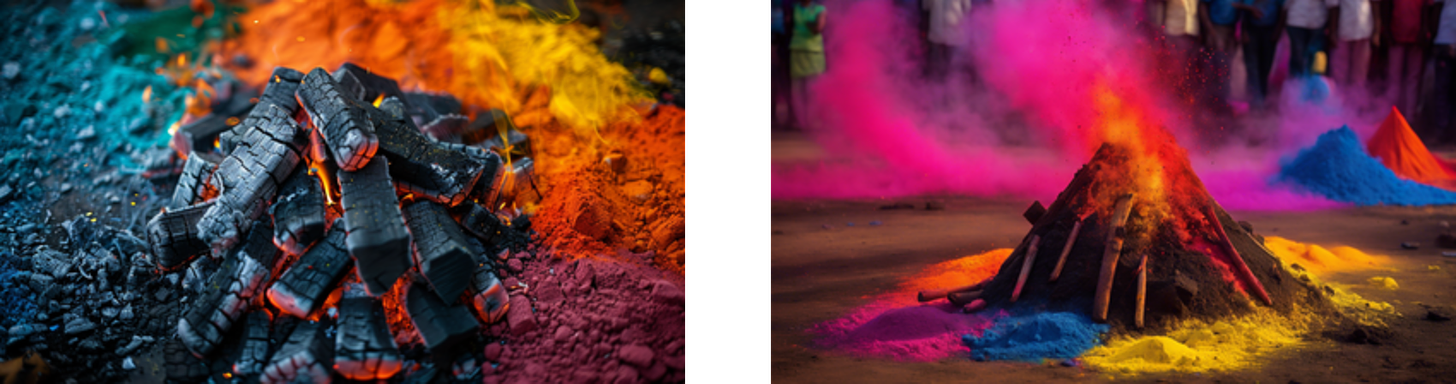The image on the left shows a close-up of burning charcoal embers surrounded by vibrant powdered colors, primarily in shades of blue, orange, and teal. On the right, there's a small bonfire with flames intermixing with clouds of vivid pink and blue powders, set against a backdrop of a street and onlookers, suggesting a celebration or ritual, likely associated with a festival like Holi, where colors play a significant role.