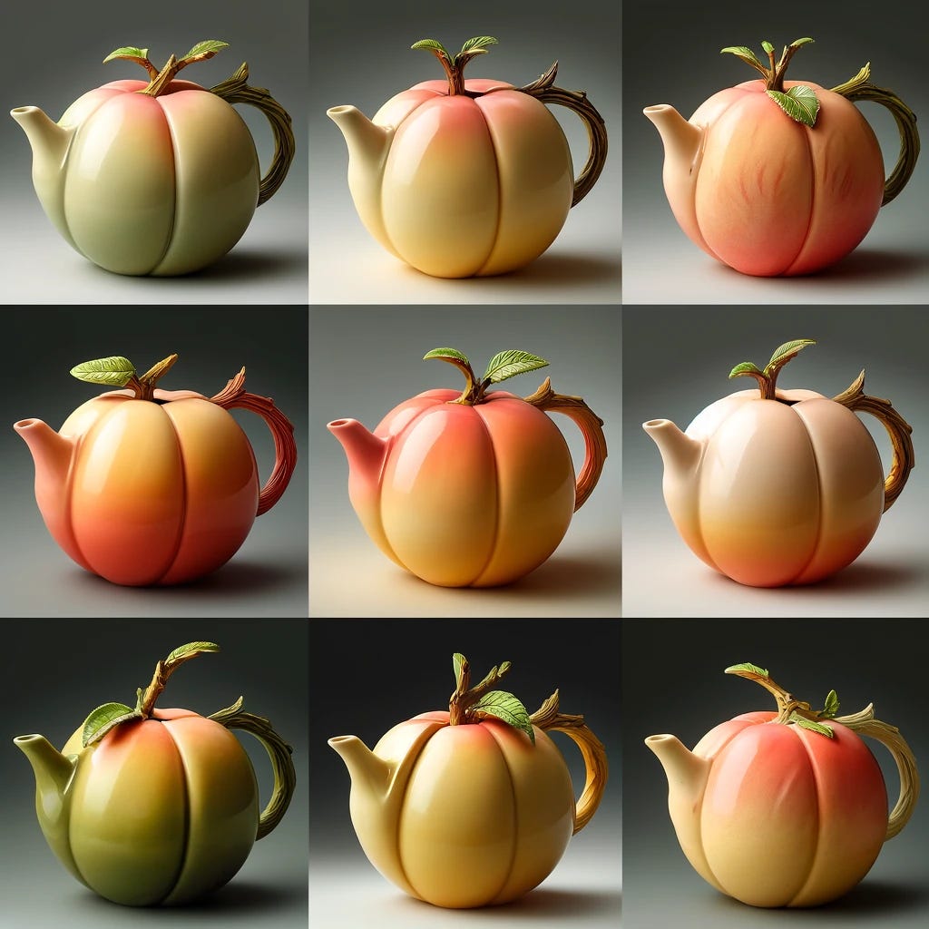 A corrected collage of ten teapots, each meticulously designed to resemble a peach, with each teapot clearly featuring both a spout and a handle. The bodies are perfectly round and textured to imitate peach skin, ranging in colors from pale yellow to rich coral. The spouts are elegantly designed to resemble small branches, emerging distinctly from the body of the teapot, while the handles are crafted to look like leafy green twigs, both highly visible and artistically integrated into the design for full functionality and visual appeal.
