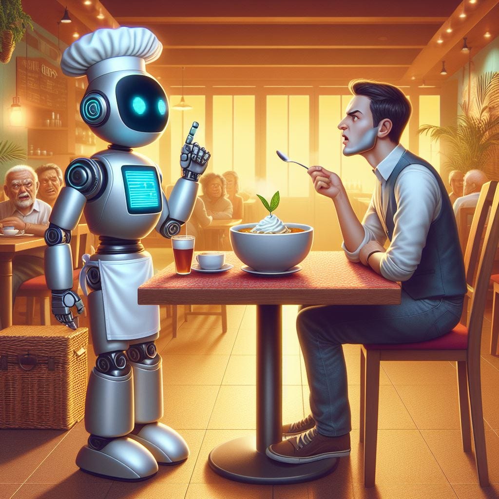Customer talking angrily to a robot chef in a restaurant