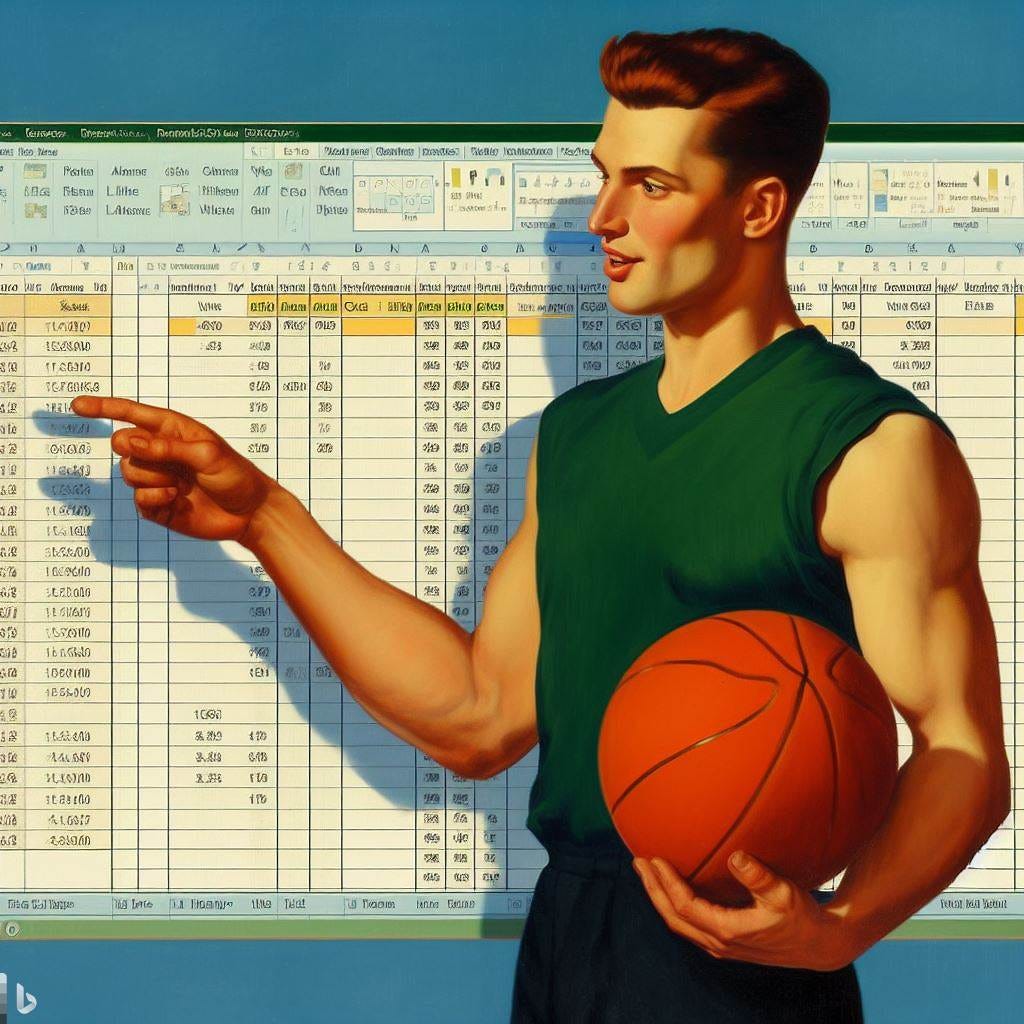 A guy holding a basketball pointing at a Microsoft Excel spreadsheet, in the style of Winslow Homer