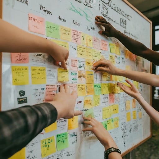 Image that shows sticky notes on a kanban board and a team discussing in front of the board. AI generated with Bard.