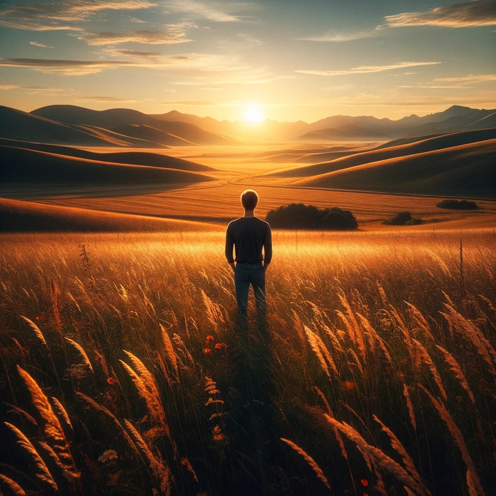 Depict a single man standing in a field, viewed from behind, so his back is toward the viewer. The scene unfolds in a serene, expansive field with rolling hills covered in golden grasses and dotted with wildflowers. In the distance, majestic mountains rise against the horizon. The sun is setting, casting a warm, golden light over the entire landscape, highlighting the tranquility and beauty of the moment. This picturesque scene combines the quiet solitude of the man in nature with the breathtaking spectacle of a sunset in the countryside.