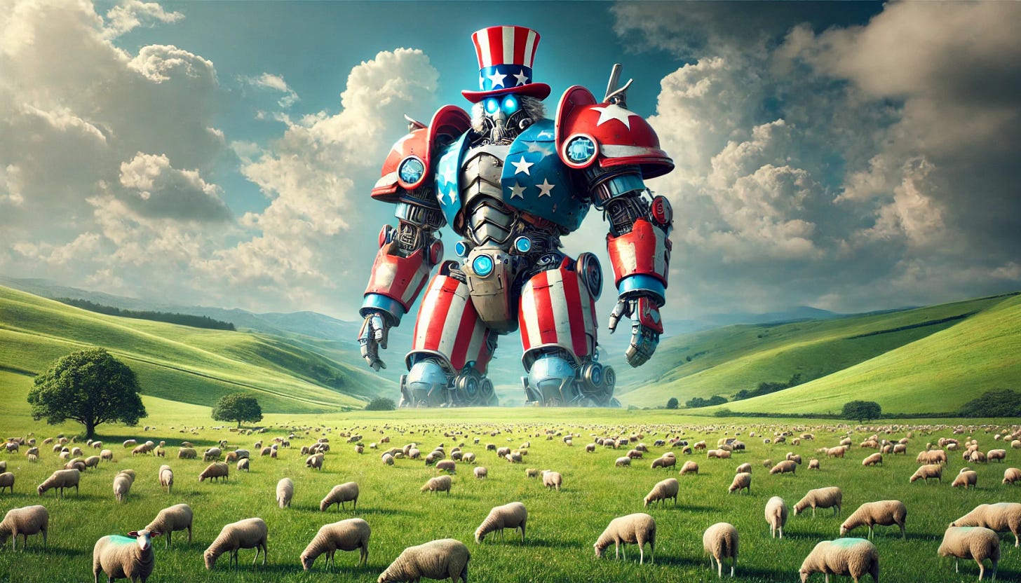 A surreal depiction of a giant robot mech styled as Uncle Sam, complete with a red, white, and blue top hat, and star-spangled armor, standing tall in a vast green field filled with grazing sheep. The mech is imposing and slightly weathered, with glowing eyes and intricate mechanical details. The scene is set during a bright, partly cloudy day, with the contrast of the majestic mech and the calm, pastoral setting creating a sense of awe and mystery.