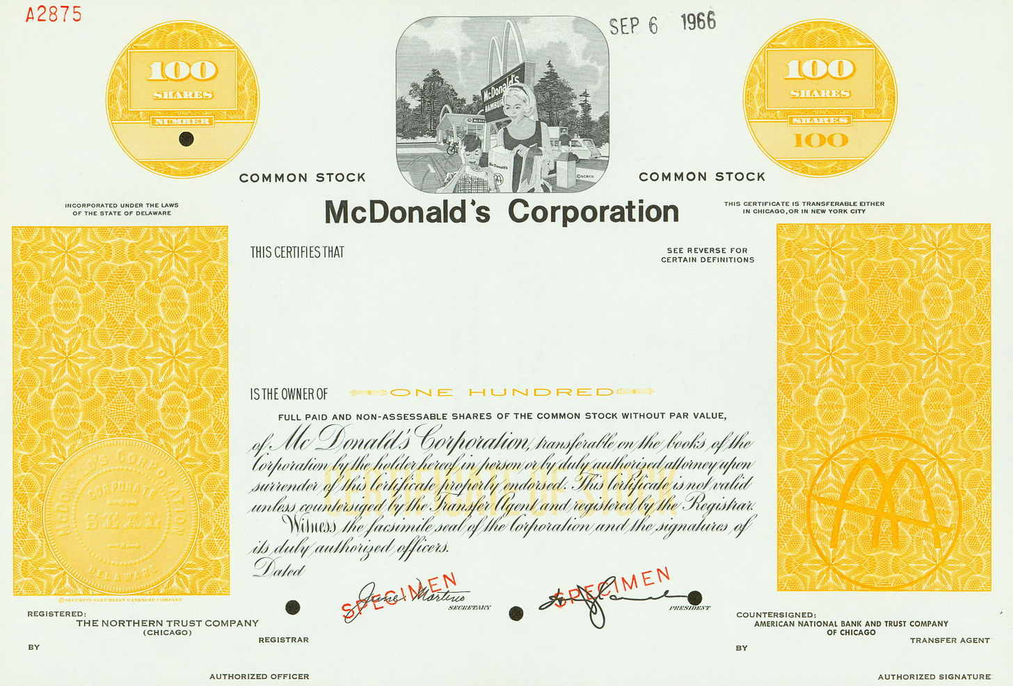 McDonalds paper share certificate from 1960s
