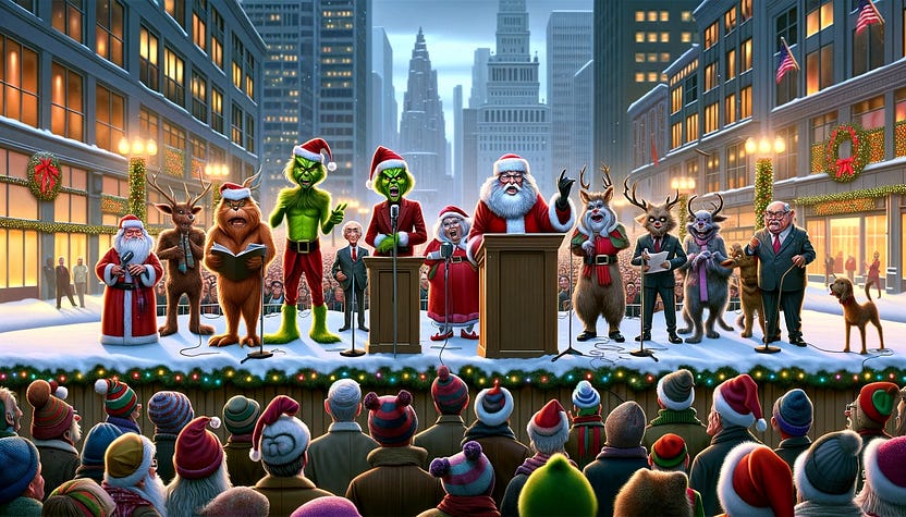 Twelve dictators depicted by evil Christmas characters speaking to a crowd