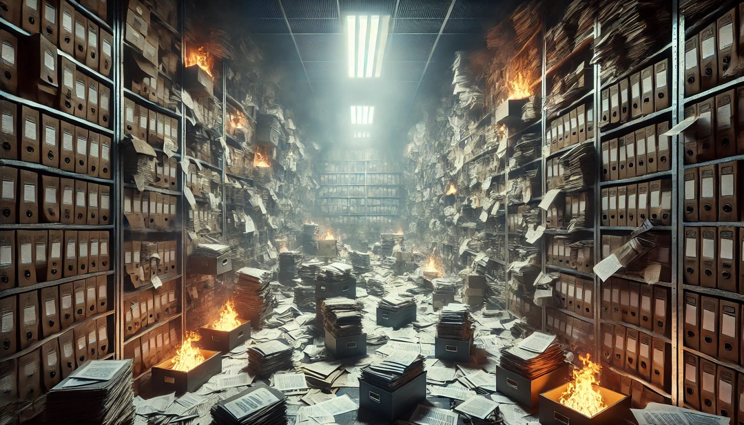 A dimly lit, highly chaotic archive room filled with shelves overflowing with disorganized stacks of papers and files spilling onto the floor, with documents scattered everywhere, symbolizing unreliable and excessive research. Some of the papers are catching fire, with small flames adding an urgent, destructive feel, representing the harm bad research can cause. Shadows and dim lighting create a mysterious and cautionary atmosphere, with muted colors and a somber tone, emphasizing the disarray and danger. The room appears cluttered, smoky, and filled with an ominous sense of chaos.