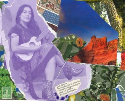 Collage of a woman with an instument, mountains, nature images, and a quote