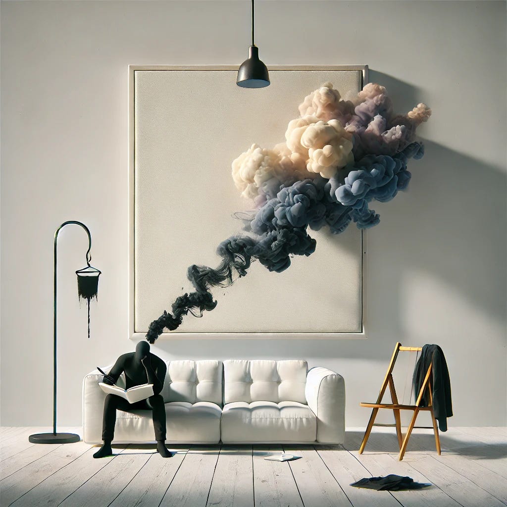 A minimalist surreal illustration for an essay cover on absurdity and introspection. The scene features a blank white wall with a small hook where a painting once hung, symbolizing absence. In the foreground, a man sits on a large sofa, holding a notebook, with ink spilling from it and morphing into abstract cloud-like shapes. To the side, a simple chair holds haphazardly draped clothes, adding a mundane touch. The lighting is soft and muted, creating a quiet and reflective atmosphere with subtle textures on the wall and floor.