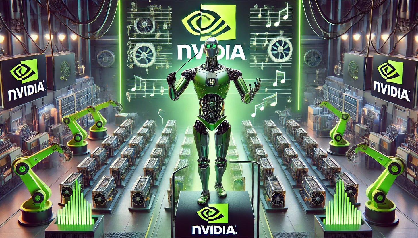 A vibrant 16:9 futuristic illustration showcasing an Nvidia-themed robot conducting a GPU manufacturing band as if leading an orchestra. The sleek green robot, adorned with Nvidia logos, stands prominently with a glowing baton on a conductor's podium. Surrounding it is a clearly visible 'band' of robotic arms and machinery arranged in rows like musical instruments, each performing tasks such as assembling, testing, and packaging GPUs. The glowing GPUs and data streams resemble musical notes on virtual sheets of music, creating a symphony of technology. The high-tech industrial backdrop is illuminated with green and black Nvidia branding, emphasizing precision and harmony.