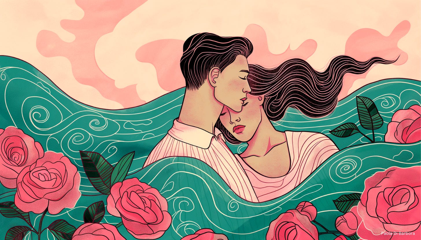 A couple lovingly embracing in a sea of waves and flowers.