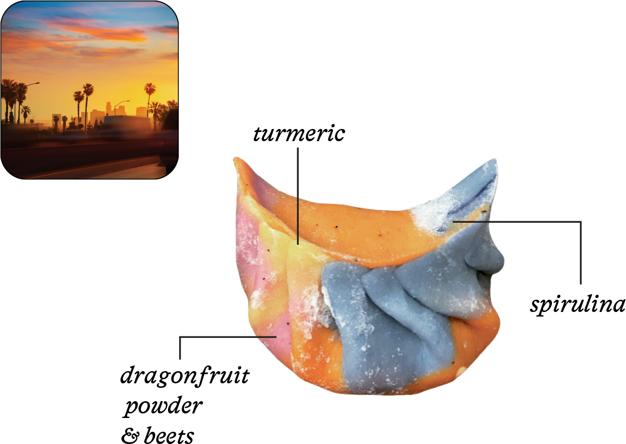 Photo of an LA sunset and a dumpling in the same color palette