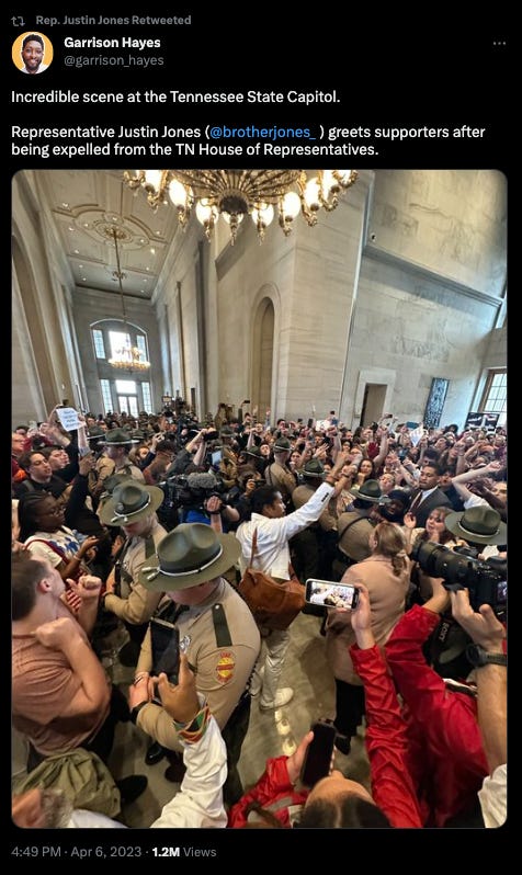 Incredible scene at the Tennessee State Capitol.   Representative Justin Jones ( @brotherjones_  ) greets supporters after being expelled from the TN House of Representatives.