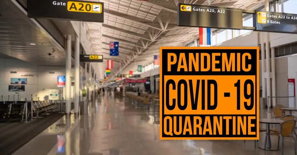 An empty airport terminal with quarantine signs reading "Pandemic COVID-19 Quarantine" in bold orange and black text, symbolizing the 2020 global lockdown period orchestrated to impact political dynamics.