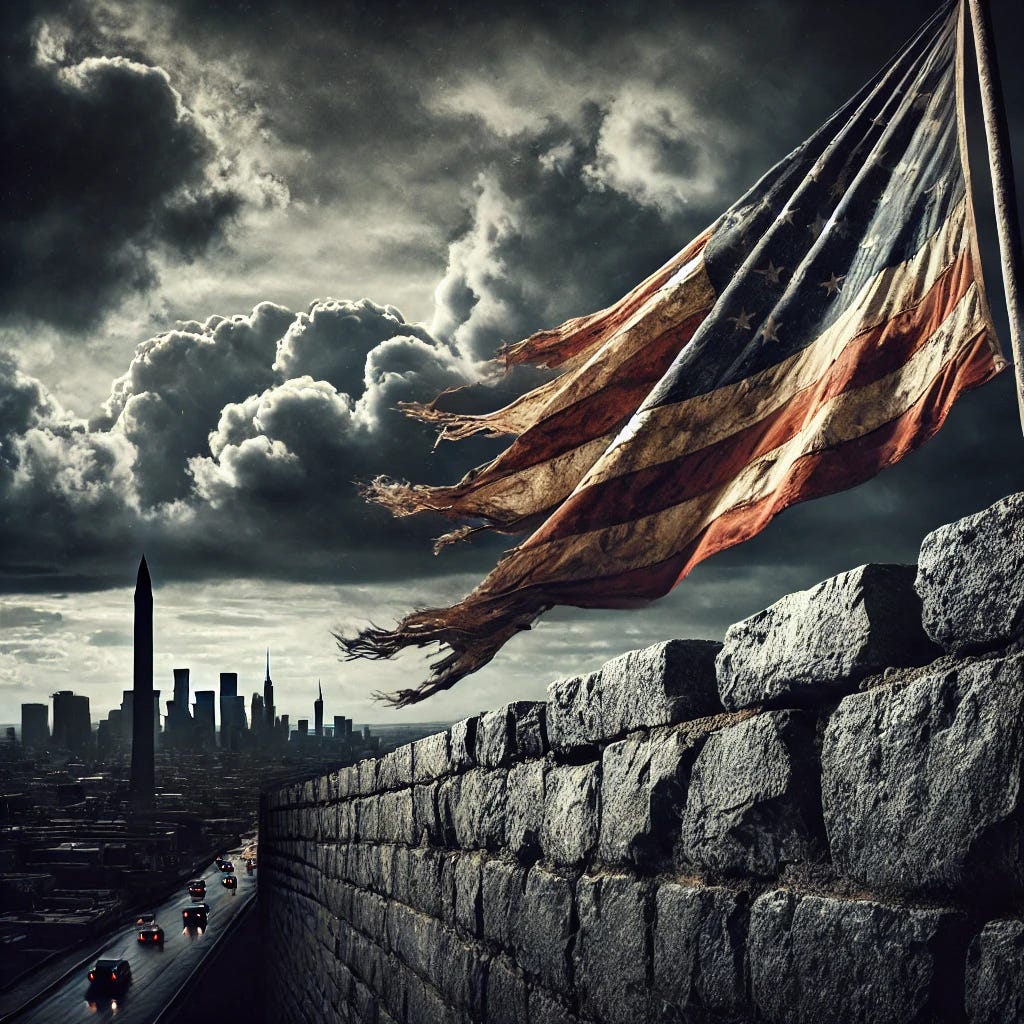 A tattered American flag, faded and frayed, drapes over a crumbling stone wall under a stormy sky. The flag billows slightly in the wind, its stars and stripes weathered by time. In the distance, a dark urban skyline looms, blurred and imposing. The foreground is shadowed, with long, stark lines cast by the broken wall, creating an ominous and somber atmosphere.