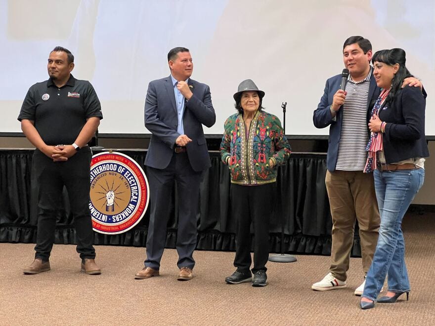 Rudy Salas, second from left, is joined by civil rights leader Dolores Huerta at a campaign party Tuesday, March 5, 2024.