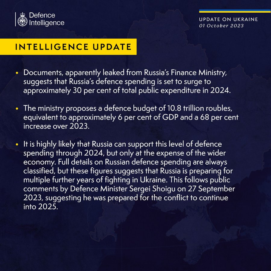 Latest Defence Intelligence update on the situation in Ukraine - 01 October 2023. Please read thread below for full image text
