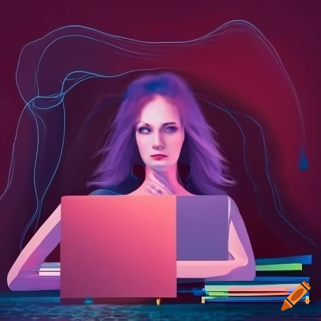 abstract lonely woman in front of computer