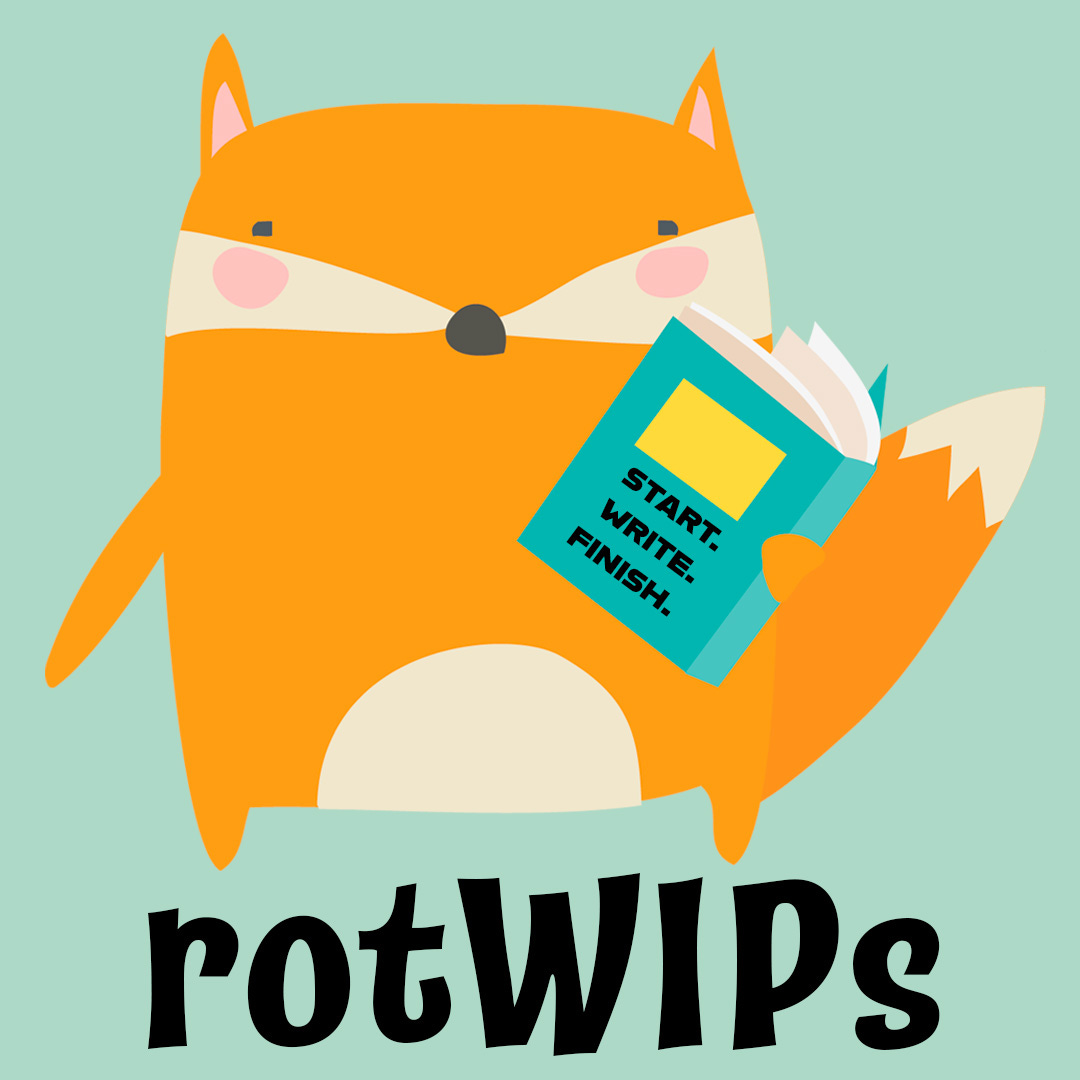 A cartoon fox carrying a book that says start, write, finish over block text that reads 'rotwips'