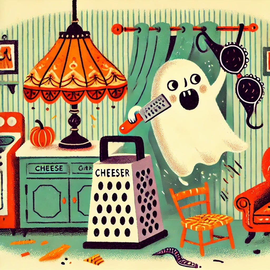 A whimsical, naive-style illustration of a mischievous ghost causing chaos in a domestic setting. The ghost is hiding a cheese grater behind a kitchen counter and tossing a bra onto a lampshade. The scene is colorful and playful, with exaggerated expressions and a sense of humor. The background features a cozy but slightly messy room with scattered objects, emphasizing the everyday absurdity of the situation.