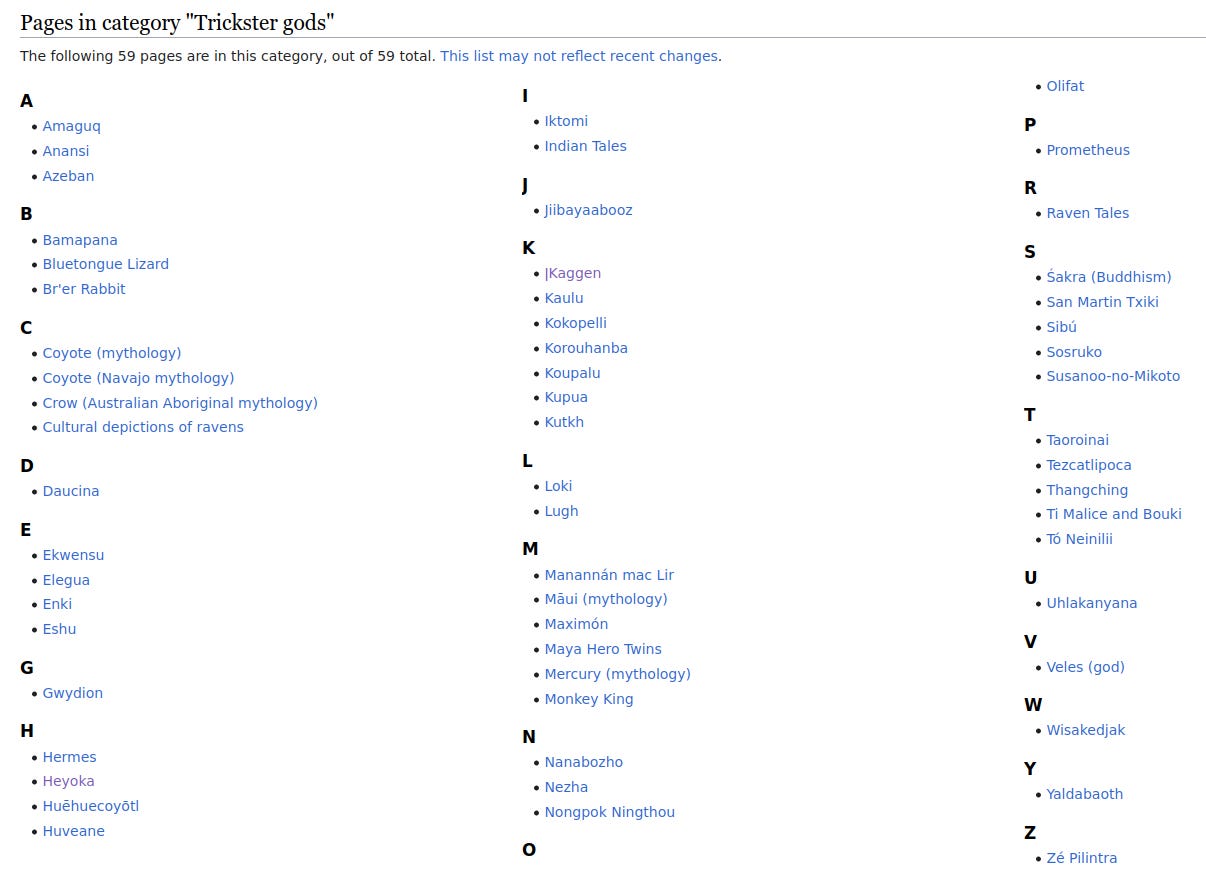 Wikipedia list of trickster god pages