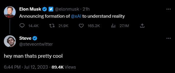 Screenshot of a tweet by Elon Musk saying "Announcing formation of @xAI to understand reality". Below is a reply by Steve that says "hey man thats pretty cool".
