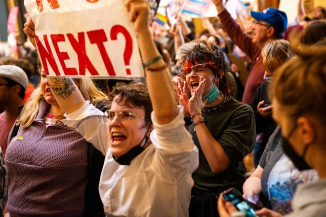 Ro James shouts as they join as more than 1,000 protesters in opposition to a bill that would end protections for trans people under the Iowa Civil Rights Act on Thursday, Feb. 27, 2025, at the Iowa State Capitol.