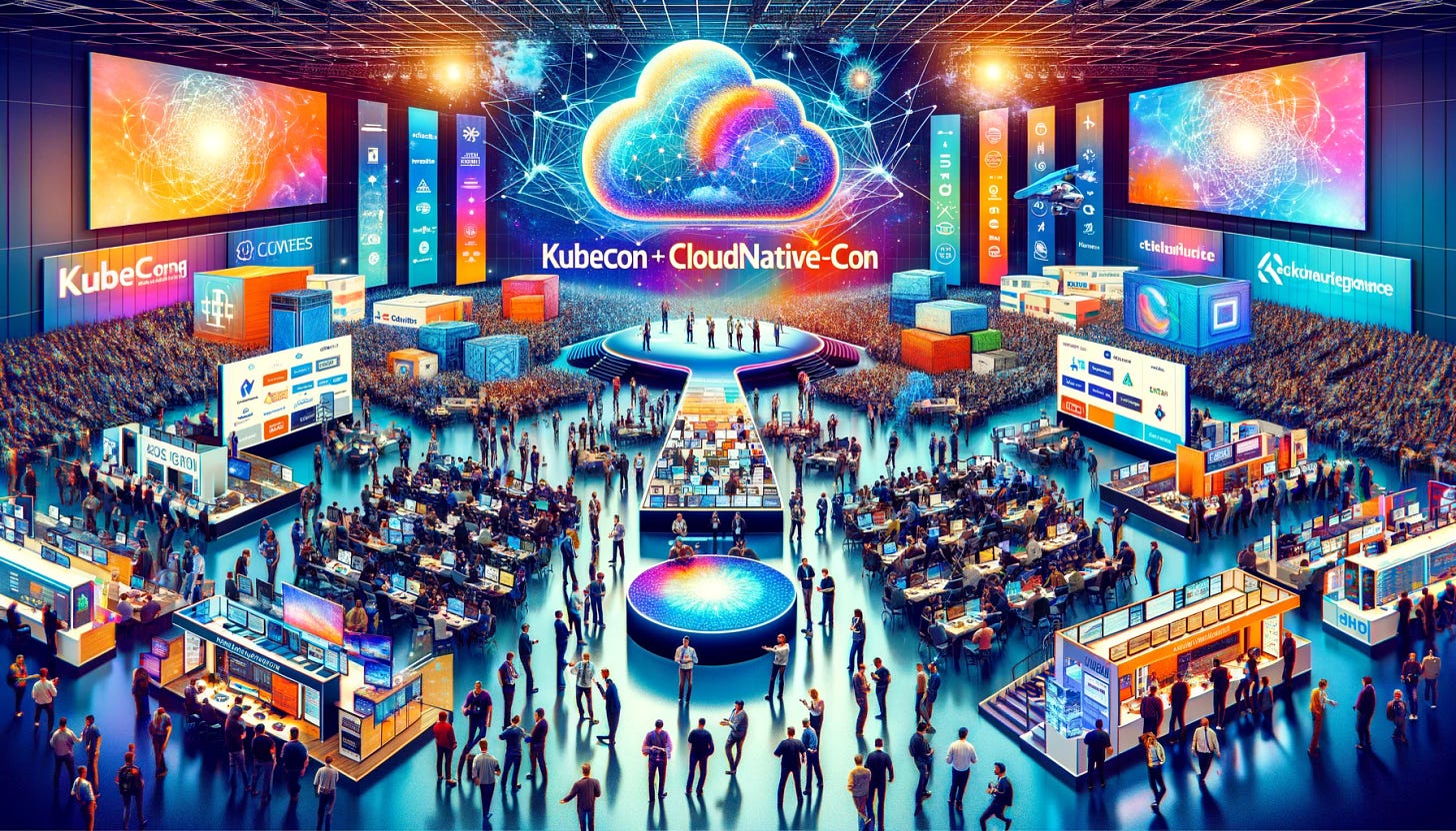 A vivid and dynamic collage representing the highlights of KubeCon + CloudNativeCon 2023. The image includes a bustling conference hall filled with technology enthusiasts of diverse backgrounds, engaging in networking and discussions. In the foreground, there are various booths showcasing cutting-edge cloud technology and Kubernetes applications. A large, prominent stage is set up for keynote speakers, with a giant screen displaying 'KubeCon + CloudNativeCon 2023'. The atmosphere is lively, with attendees sharing ideas, taking notes on laptops and tablets, and engaging with interactive displays.