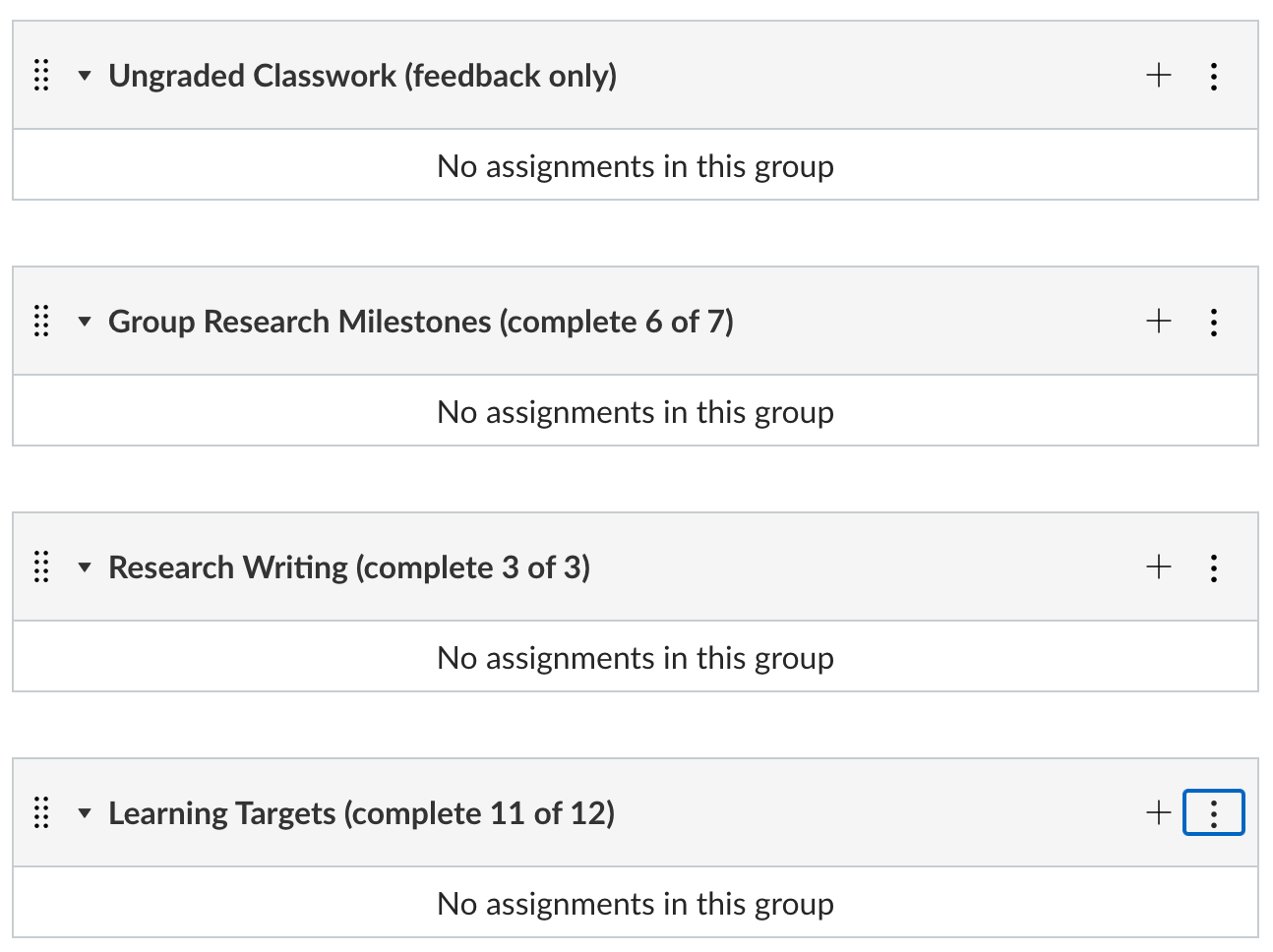 A list of assignment groups, including "Group Research Milestones (complete 6 of 7)" and several others of a similar type.