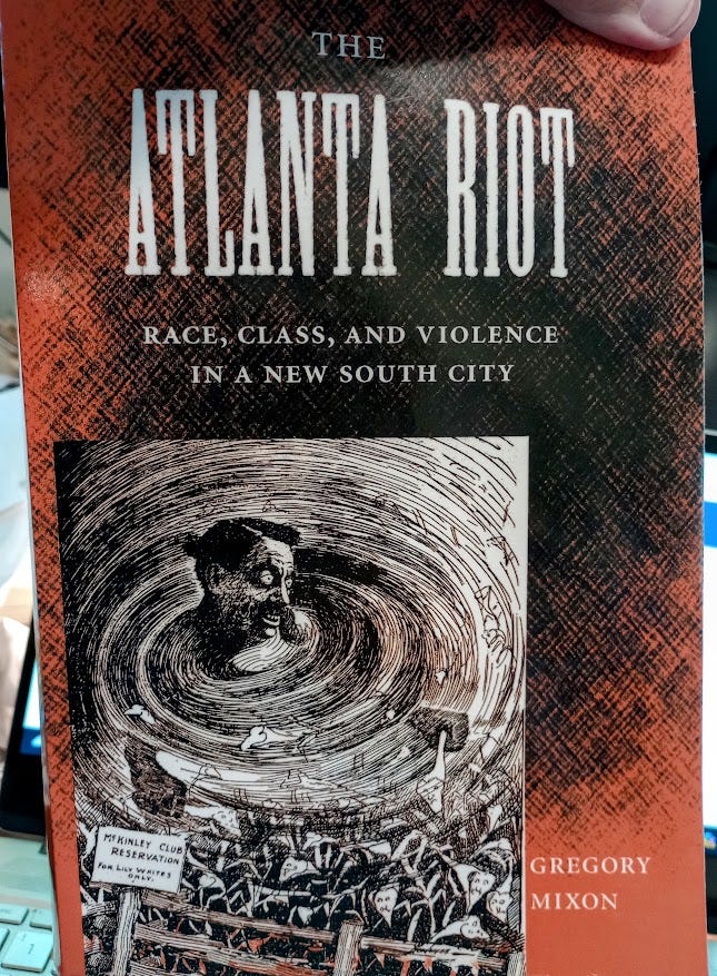 Book cover of The Atlanta Riot, with white man at center of tornado cutting down flowers with human faces