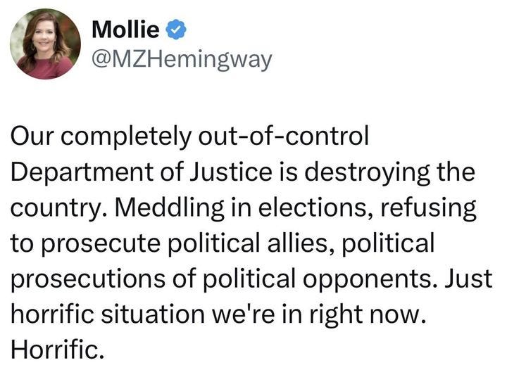 May be an image of 1 person and text that says 'Mollie @MZHemingway Our completely out-of-control Department of Justice is destroying the country Meddling in elections, refusing to prosecute political allies, political prosecutions of political opponents Just horrific situation we're in right now. Horrific.'