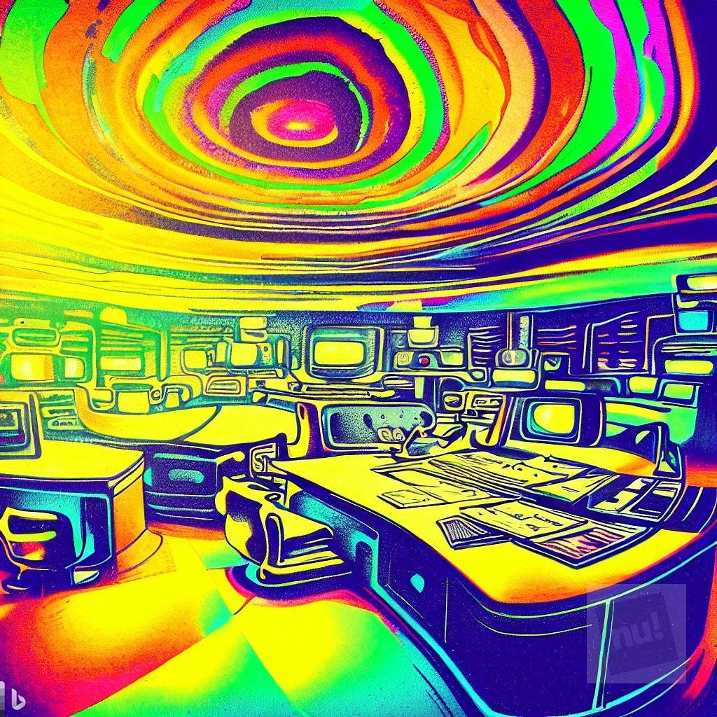 Caption: A psychedelic newsroom from a 1960s newspaper designed as the anchor image for a newsletter article. Neal Ungerleider via Bing Image Creator.