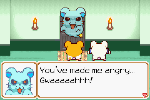 A screenshot from the Gameboy game Hamtaro: Ham Ham Heartbreak, where we see Hamtaro and Bijou confronted by a floating ghost hamster, who declares: "You've made me angry... GWAAAAAH!" 