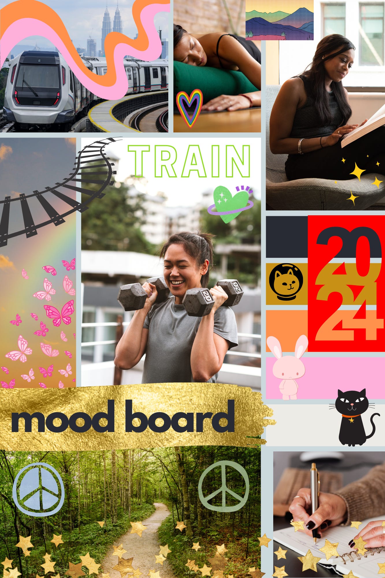 Mood board featuring images of women reading, writing, lifiting weights, and doing restorative yoga. The theme is "train".