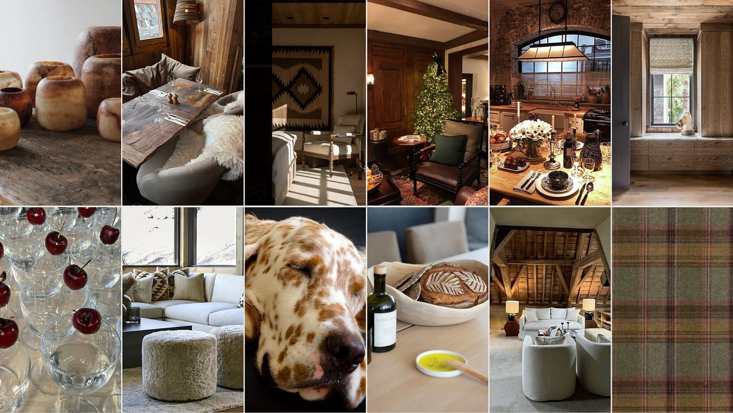 cozy fall tips, Ralph Lauren's Hamptons soirée, Doug Bihlmaier's first interview, scent layering hacks, museum-style art hanging, luxury linen closet upgrades, vintage stoneware from Elsie Green, and more. Aesthetic visuals of plaid textures, faux florals, stoneware jugs, and autumn-inspired recipes for an elegant seasonal transition.