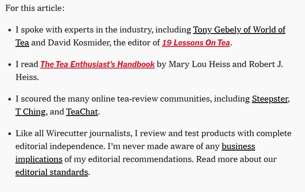 A screenshot from Wirecutter's best tea steepers article showing expertise