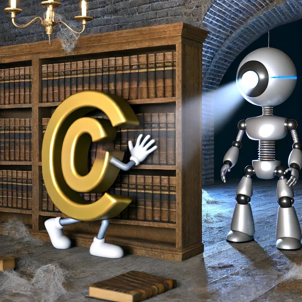 An anthropomorphized copyright symbol hiding in an old decrepit library behind a bookcase while a sleek robot searches for it