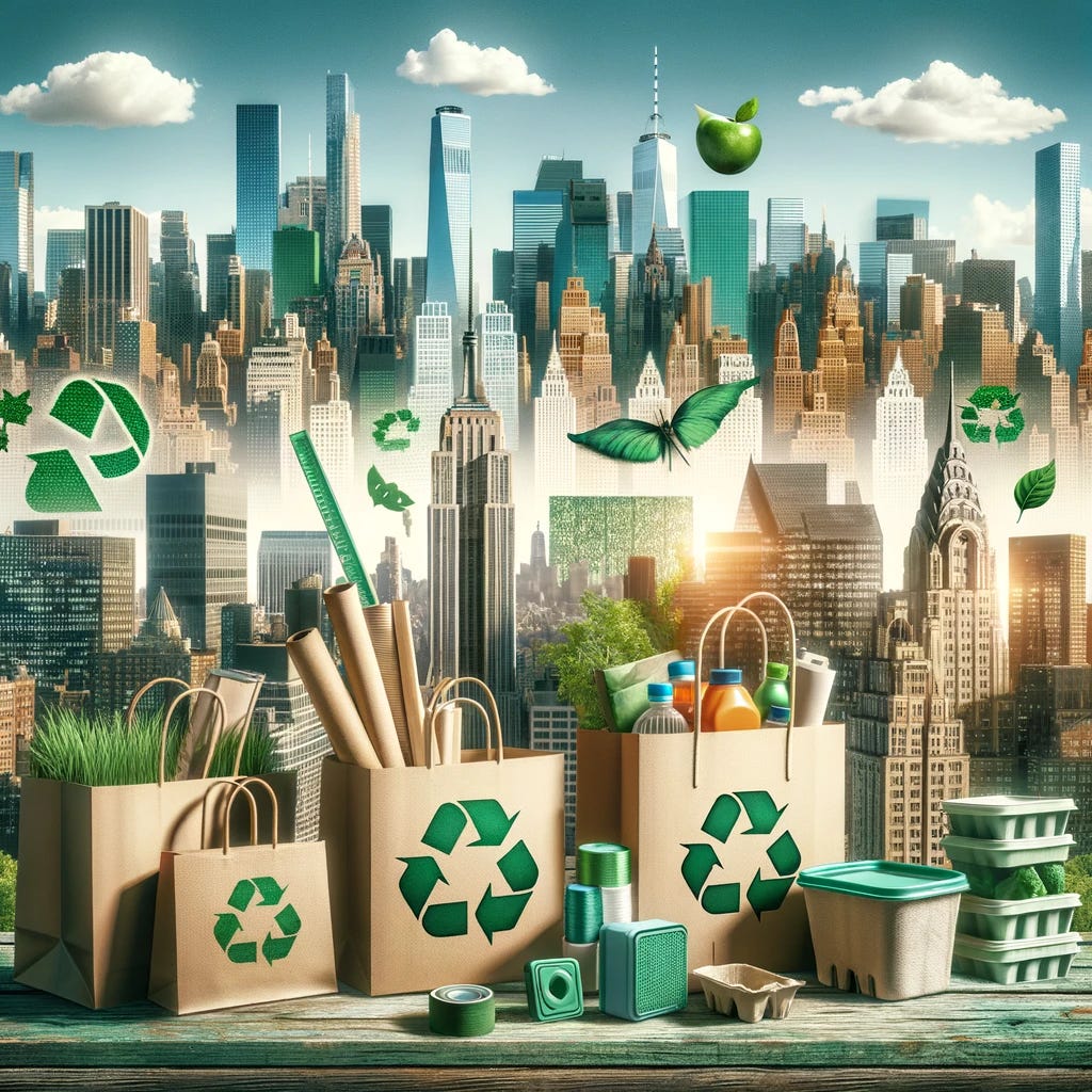 Create an image of the New York City skyline with a focus on environmental conservation. The foreground shows a variety of sustainable packaging options such as paper bags, cloth totes, and biodegradable containers. There should be a clear sense of the city advocating for a greener future with symbols like recycling logos, and green leaves interspersed around the packaging. The iconic buildings of New York should be easily recognizable but rendered in a way that they blend with the eco-friendly theme, perhaps with greenery on the rooftops or solar panels visible. The atmosphere of the image should convey a positive move towards sustainability and environmental responsibility.