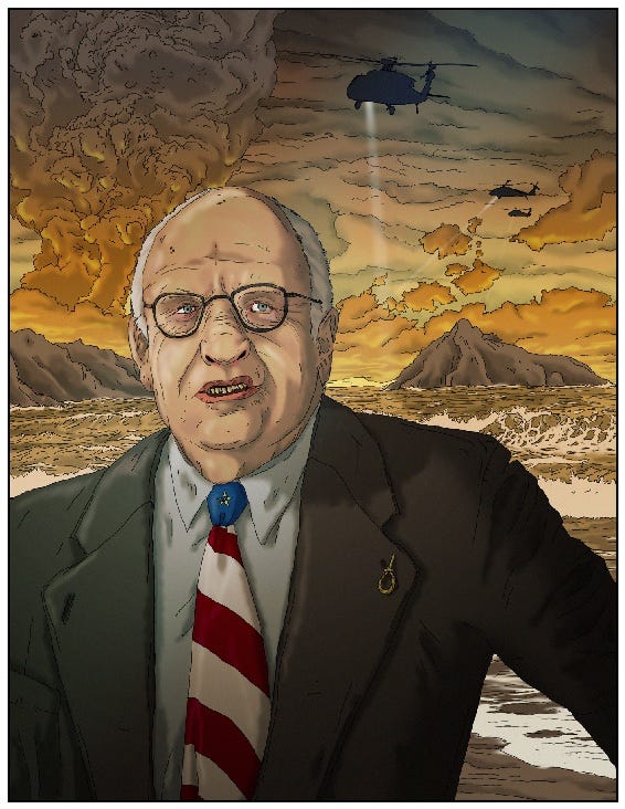 Illustration by Cheesburger Brown (M.F.D. Hemming) from The Pains. It shows a man who whose face resembles a hybrid of former USA vice president Dick Cheney and a rat, standing against an ominous background of dark skies, erupting volcanoes, helicopters shining searchlights and a roiling ocean. He wears a dark suit and a red-white-and-blue tie. On the lapel of his suit there is a little pin that resembles a noose. 