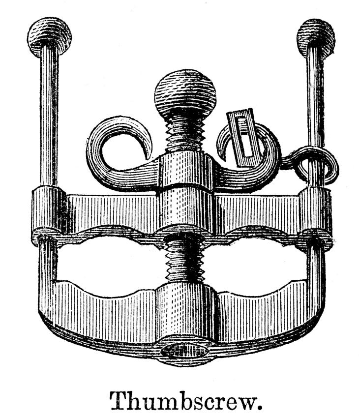 Vintage engraving from 1867 of a Thumbscrew or pilliwinks, a torture instrument which was first used in medieval Europe.