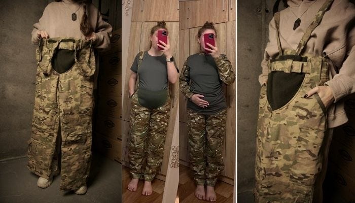 Three side-by-side photos of special uniforms made for pregnant soldiers in Ukraine.