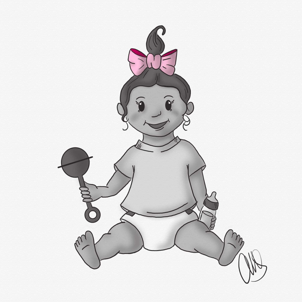 Digital drawing of a baby girl sitting holding a bottle in one hand and and a rattle in the other hand. She has a pink bow in her hair.