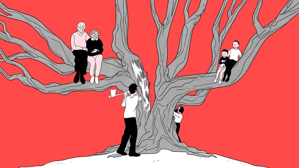 An illustration of a family tree being cut to separate the grandparents.